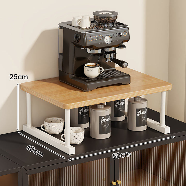 Two-Tier Countertop Coffee Station Shelf Riser with Walnut Top and Metal Frame
