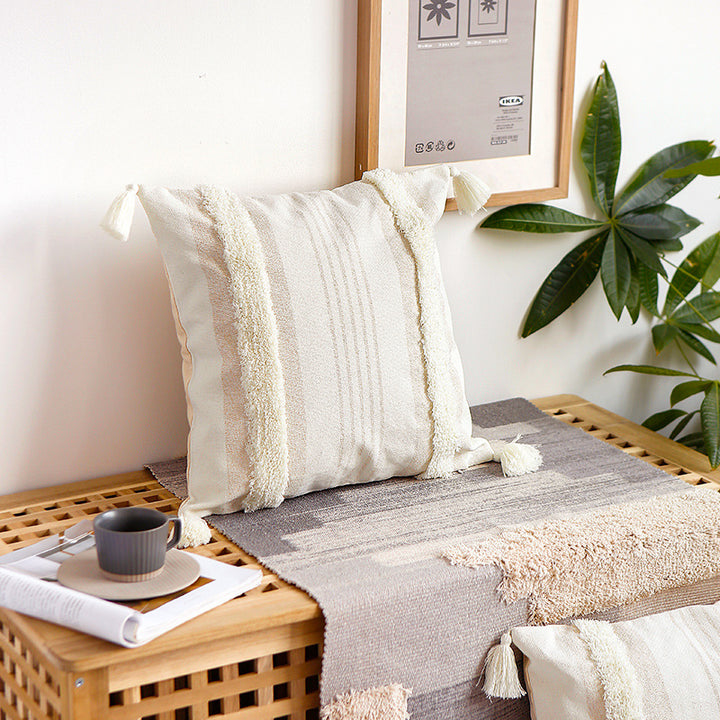 Square cotton pillow cover with fringe tassels and textured chenille stripes Kalsten