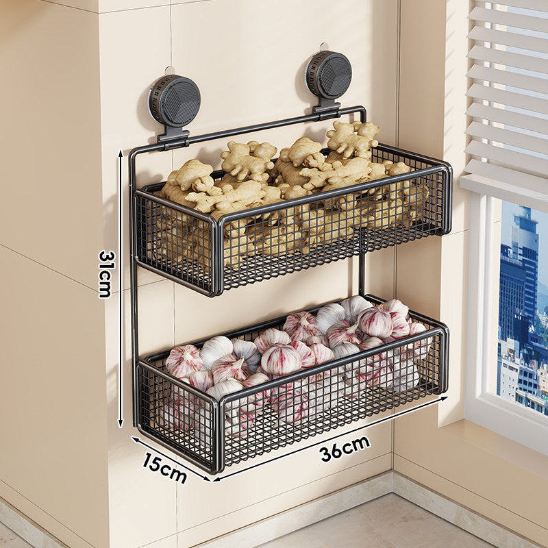 Wall-Mounted Suction Mesh Produce Storage Basket Set with Double-Tier Adjustable Rack