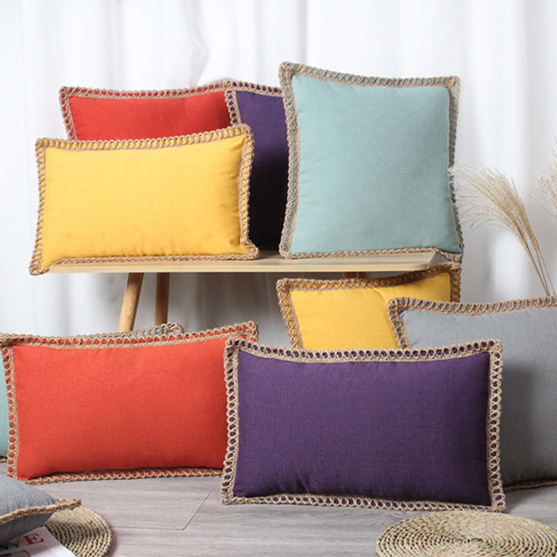 Decorative Linen Throw Pillow Pair with Braided Fringe Trim