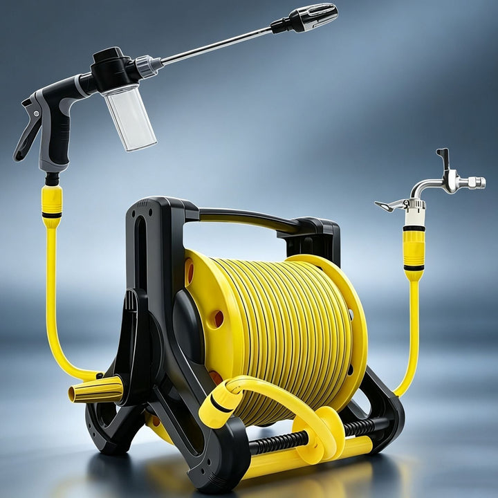 heavy-duty retractable garden hose reel system with pistol spray gun and faucet connector Kalsten