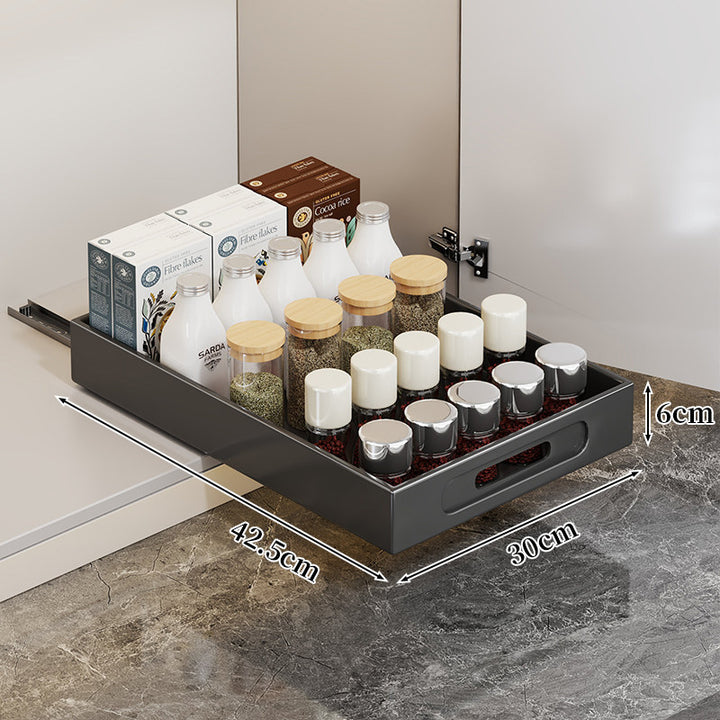 Slide-Out Cabinet Drawer Organizer Tray with Cutout Handle and Low-Profile Design