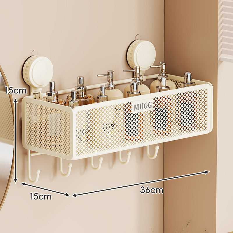 Wall-Mounted Suction Mesh Bathroom Organizer Shelf with Multi-Hook Rack