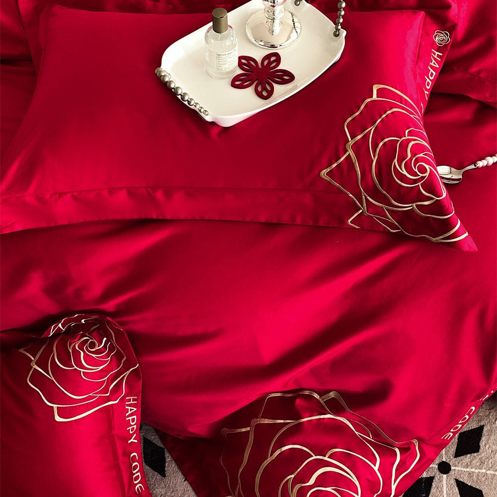 Luxurious cotton satin bedding set with rose embroidery