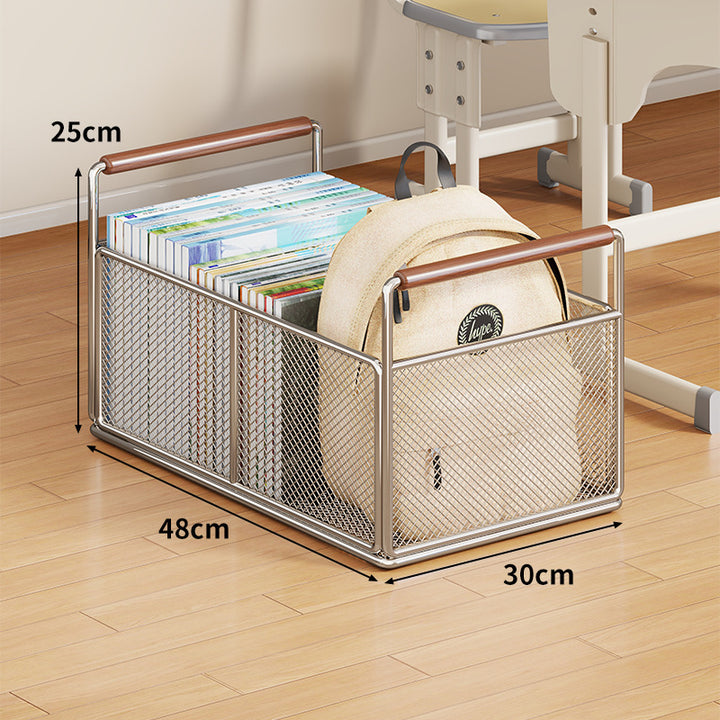Metal Mesh Floor Storage Crate with Wooden Carry Handles