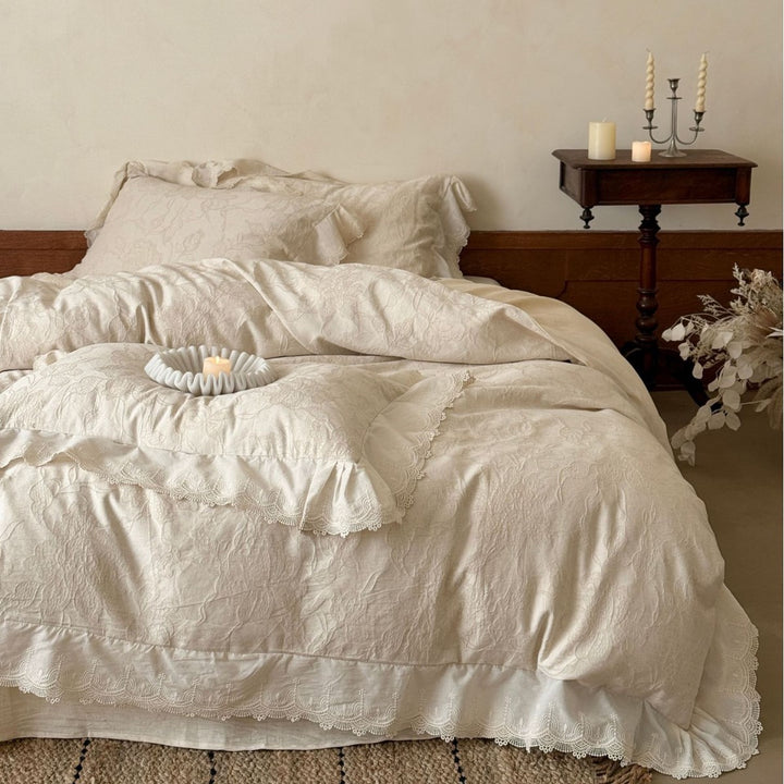 Luxurious jacquard bedding with lace trim and ruffle