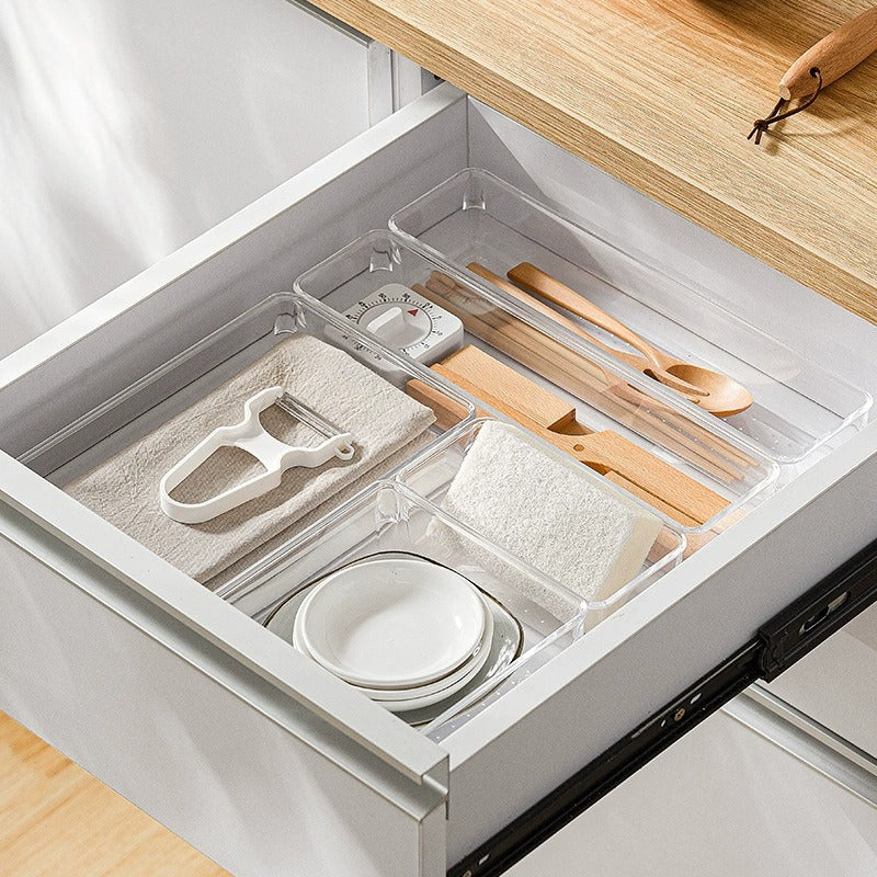 Transparent refrigerator door shelf with ribbed bottom and clip attachment