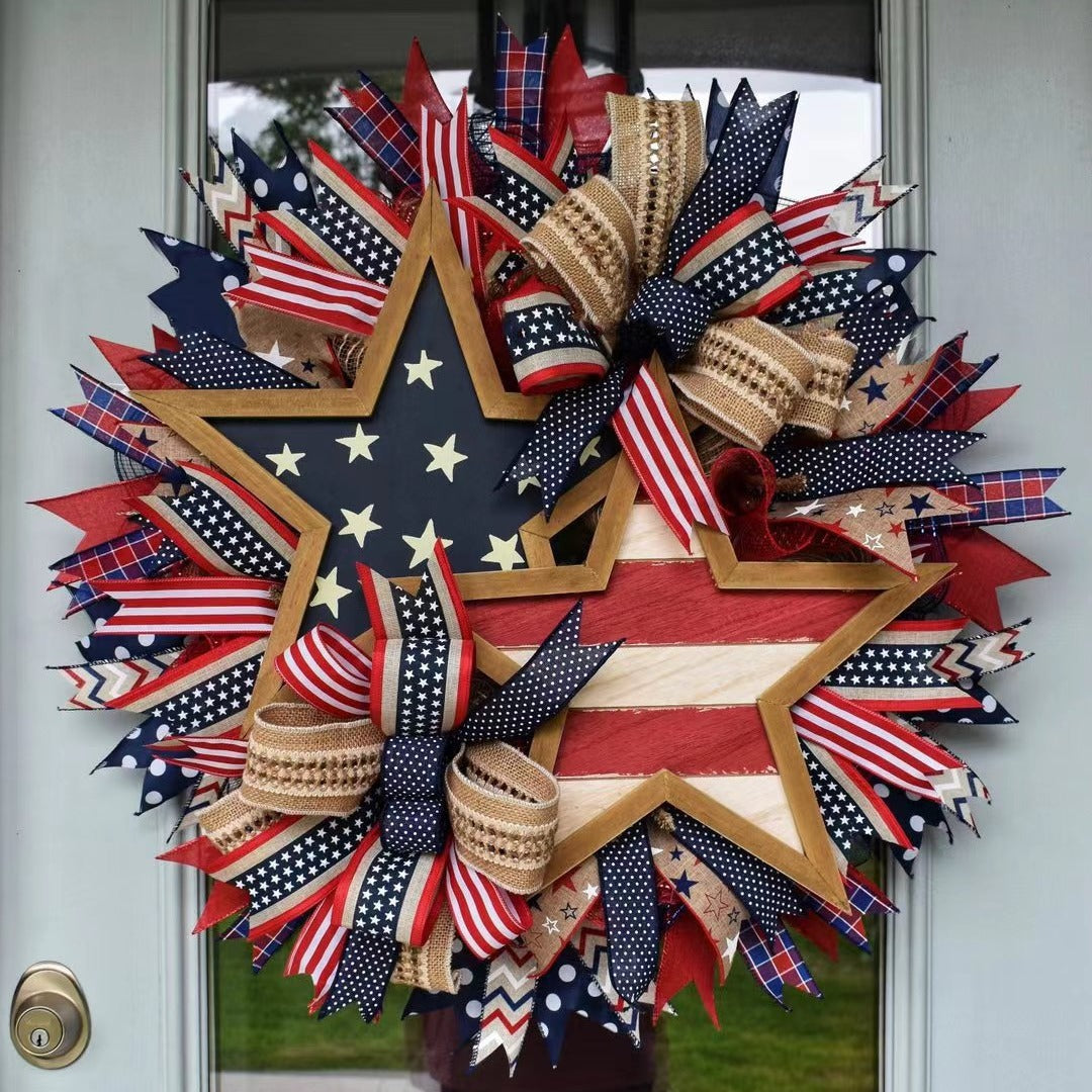 Unisex nan more patriotic front door wreath made of wood and jute ribbon with layered star and bow details Kalsten