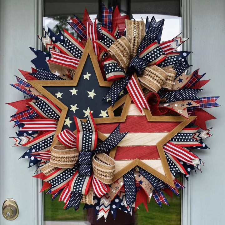 Unisex nan more patriotic front door wreath made of wood and jute ribbon with layered star and bow details Kalsten