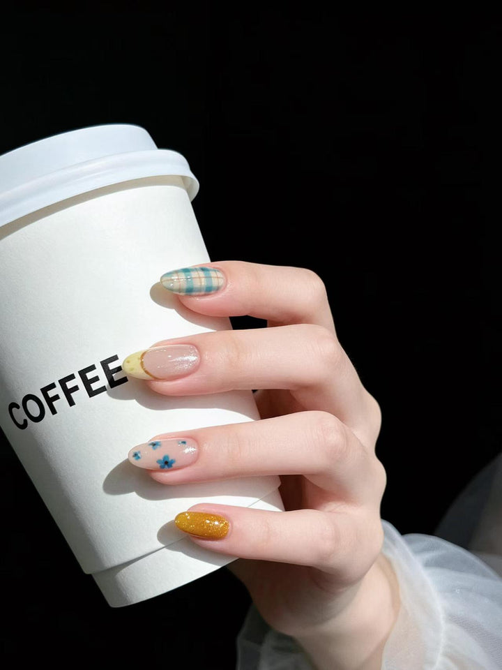 Artistic Press-On Nail Set with Floral Designs