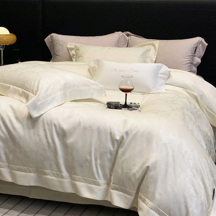 Premium cotton satin bedding set with structured matelassé border and hotel closure