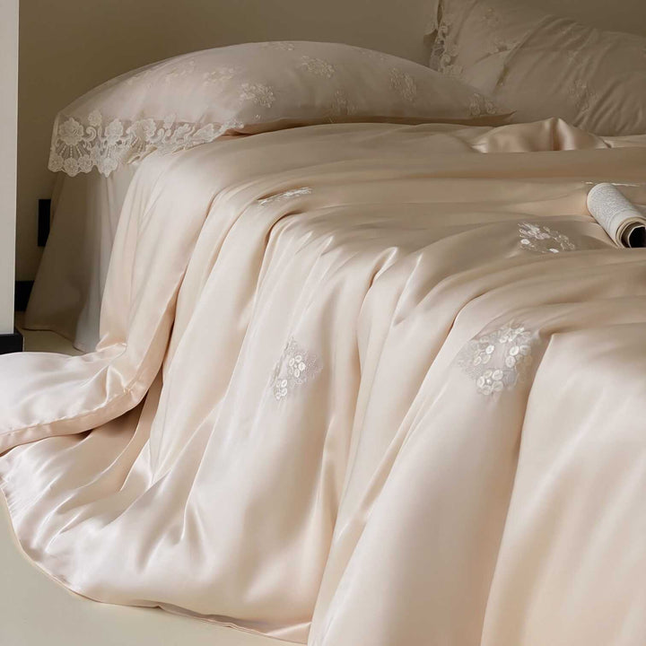 Satin bed linen set with lace trim, floral embroidery & silky touch