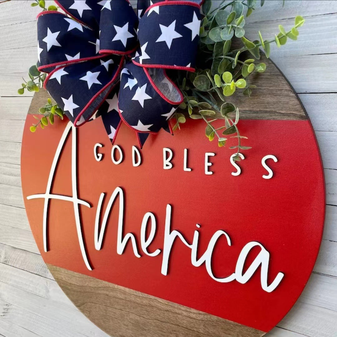Unisex decorative wooden wall wreath with patriotic lettering Kalsten