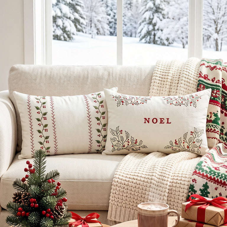 Embroidered Holiday Lumbar Throw Pillow Cover with NOEL Holly Motif