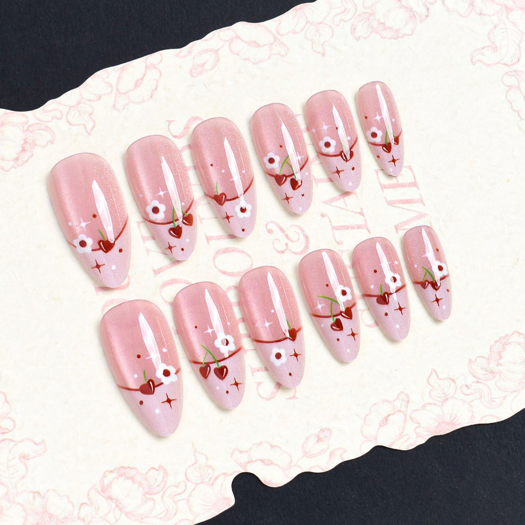 Artistic Press-On Nail Set with Cherry Blossom Design Kalsten