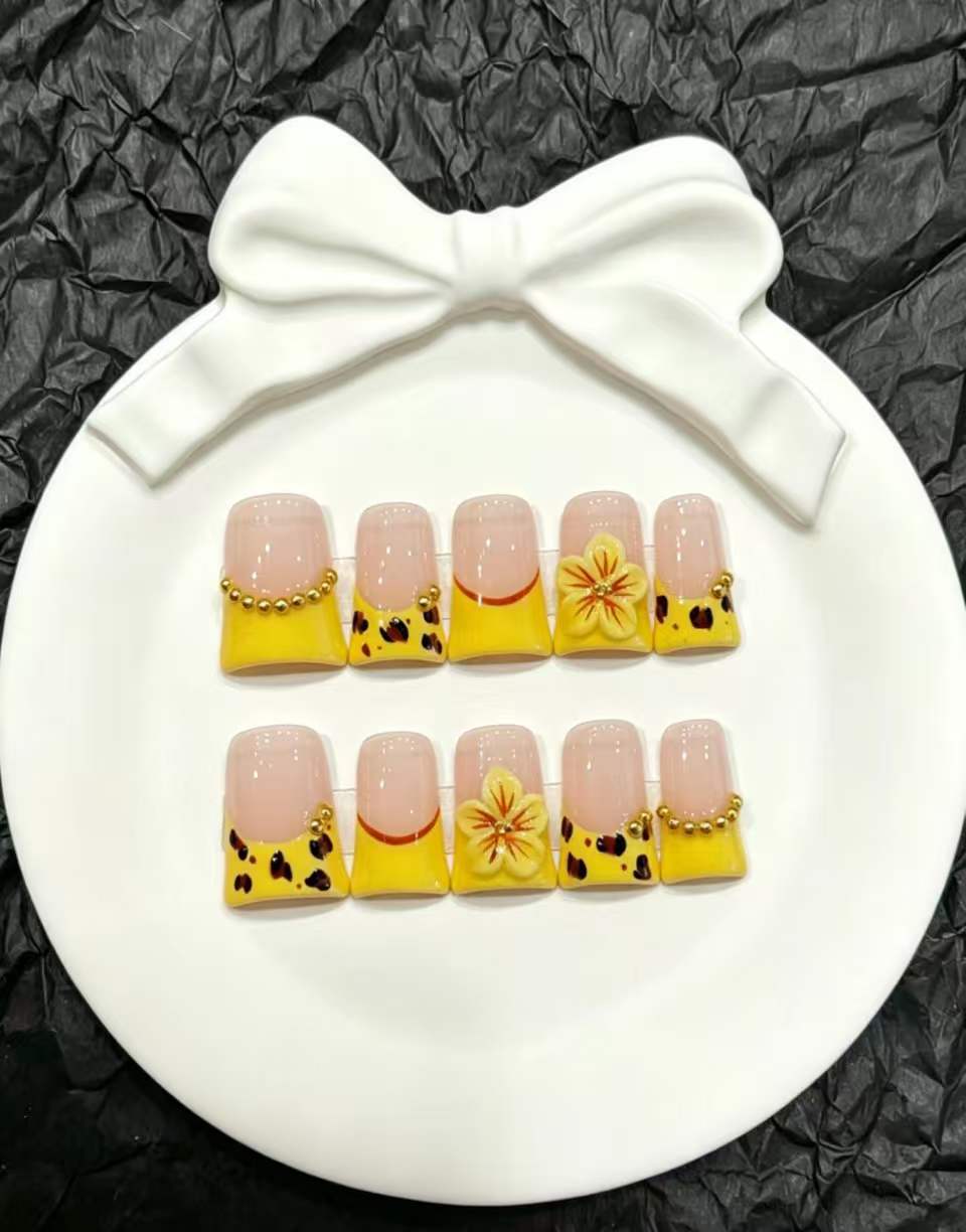 Artistic Press-On Nail Set with Floral and Animal Print Designs