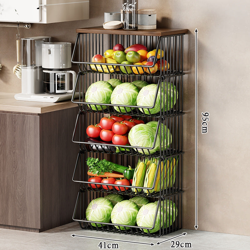 Slim Vertical Rolling Wire Produce and Pantry Organizer Cart with Wood Top
