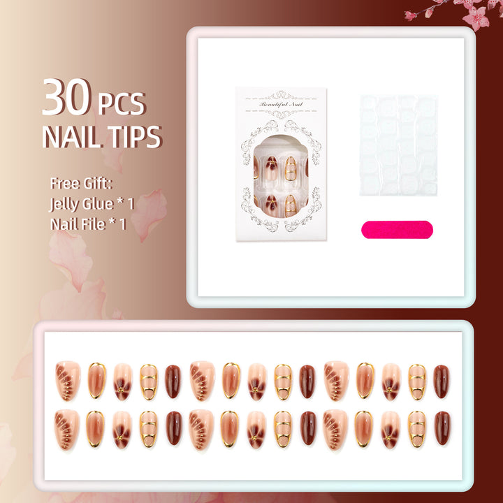 Decorative Press-On Nail Art Set with Gold Foil Accents