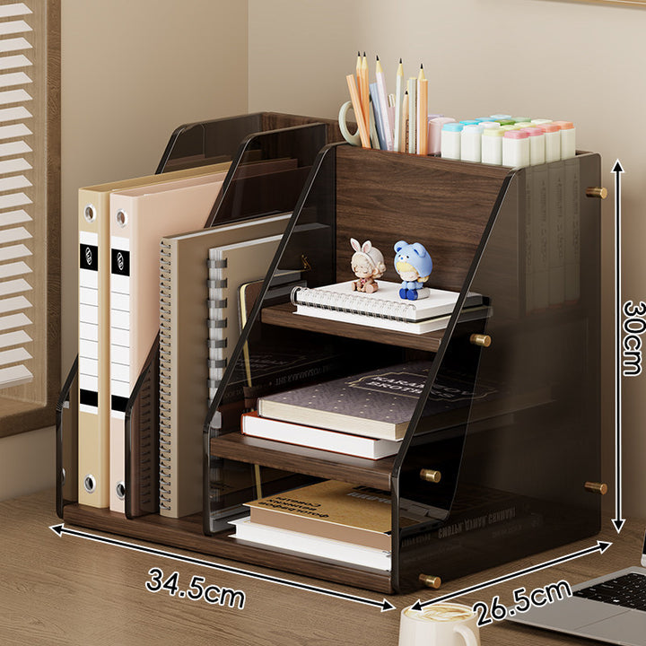 Wood-Accent Acrylic Multi-Tier Desktop Organizer with Adjustable Shelves