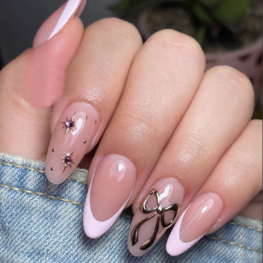 Decorative Press-On Nail Set with Bow and Gemstone Accents Kalsten