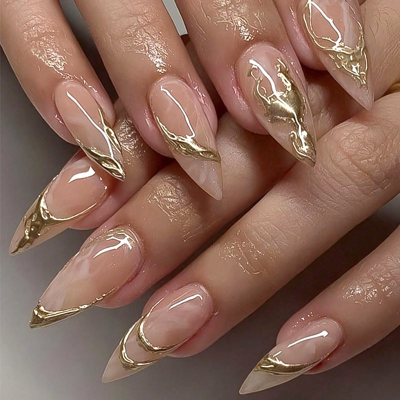 Elegant Stiletto Press-On Nail Art with Gold Accents Kalsten