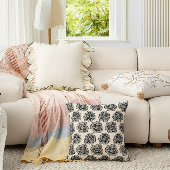 Double-sided linen decorative pillow with embroidered floral relief