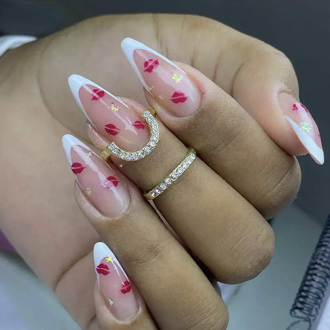 Elegant Kiss Print French Tip Nail Art Extensions Kalsten