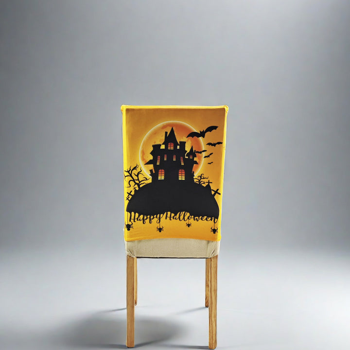 Stretch chair back cover with detailed pumpkin watercolor print and bat accents