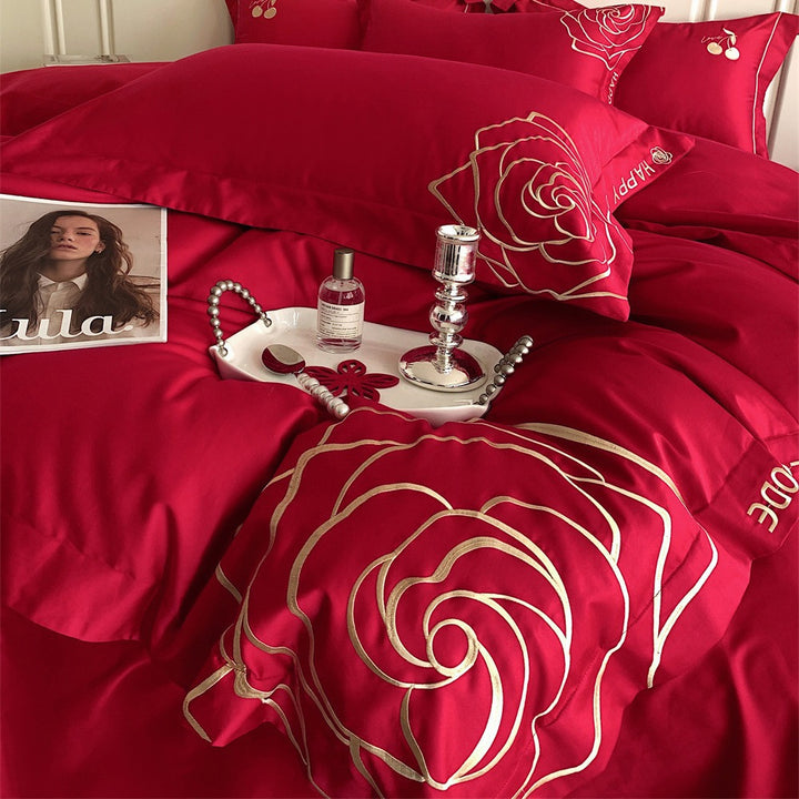 Luxurious cotton satin bedding set with rose embroidery
