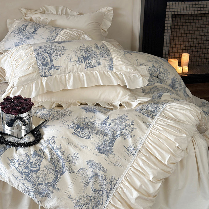 Luxurious bedding set made of cotton blend with toile landscape print, frill, and ruffles
