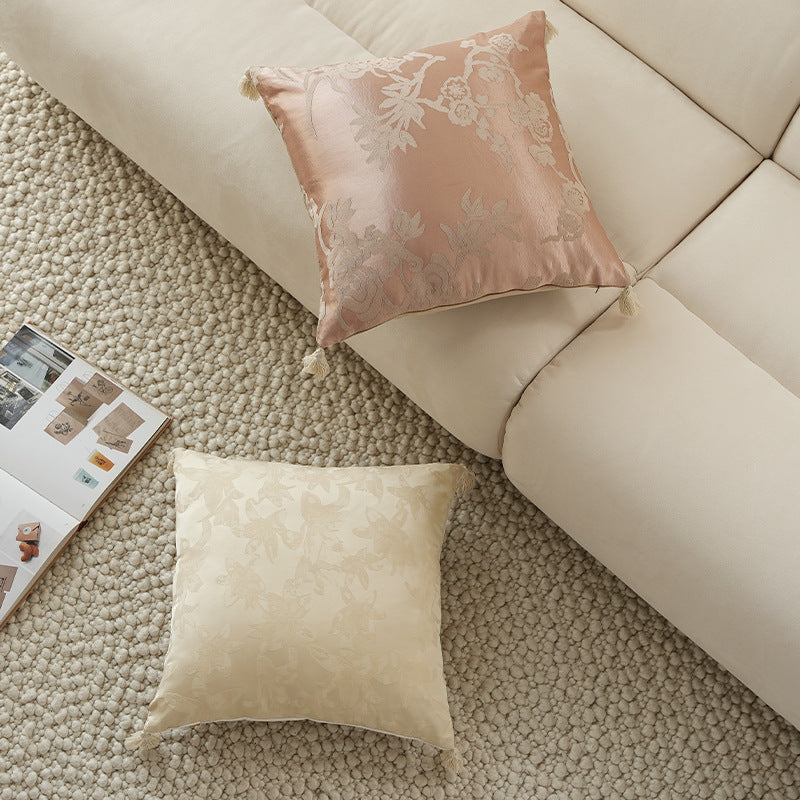 Square jacquard cushion cover with floral pattern and decorative tassels