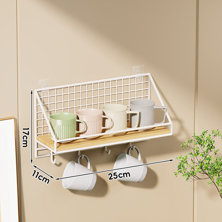 Ventilated Grid Wall Shelf with Wood-Look Tray and Clear Suction Mounts