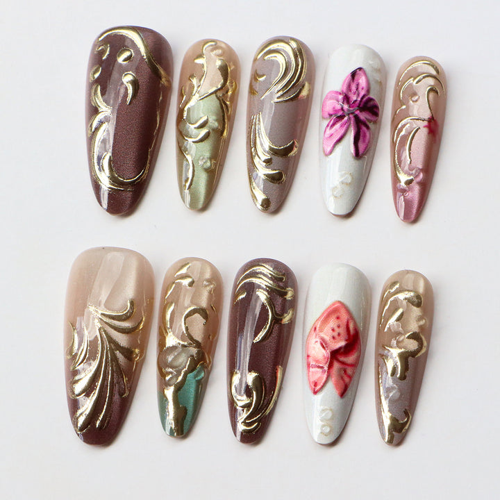 Artistic Press-On Nail Set with Floral Embellishments