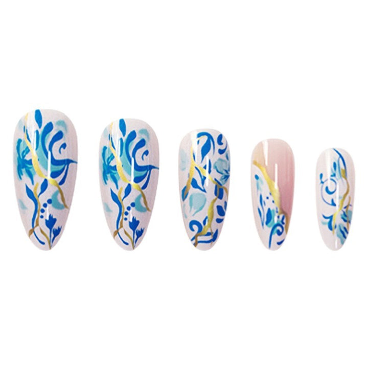 Artistic Floral Press-On Nail Design with Gold Accents Kalsten
