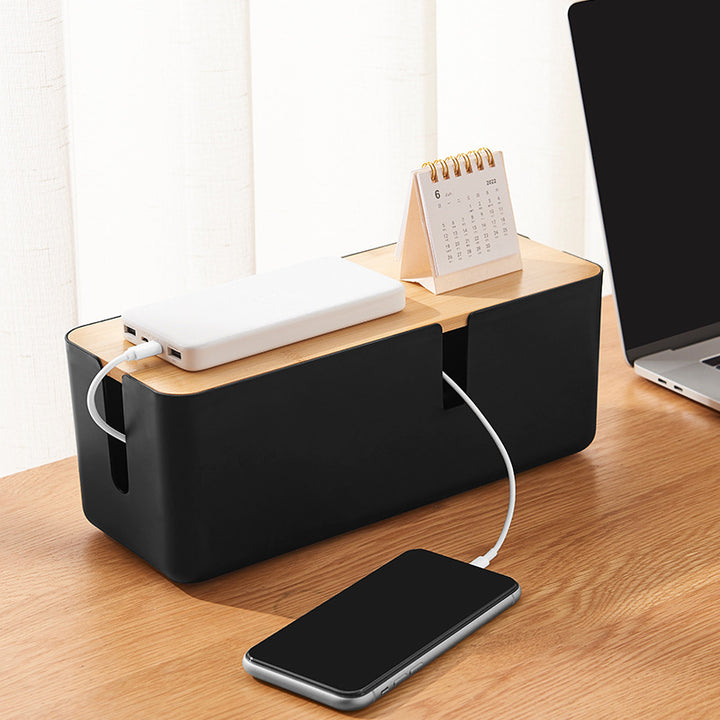 Cable storage box with bamboo lid and socket concealment