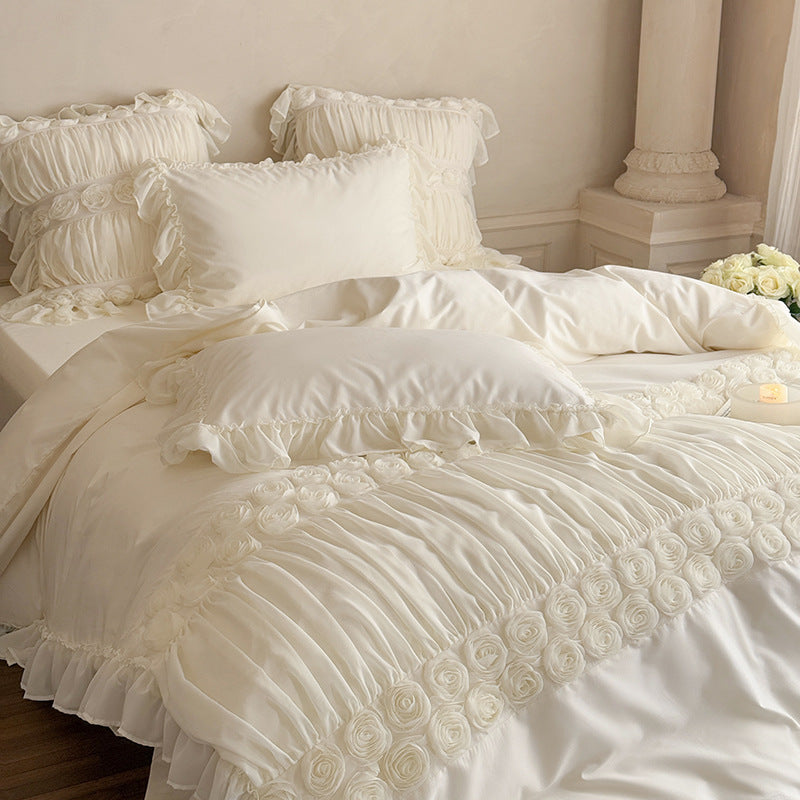 Luxurious Ruffle Bedding Set with Rose Appliqués and Volants