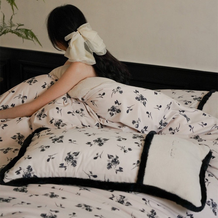 Premium cotton satin duvet cover with floral minimal embroidery and cozy sherpa edge
