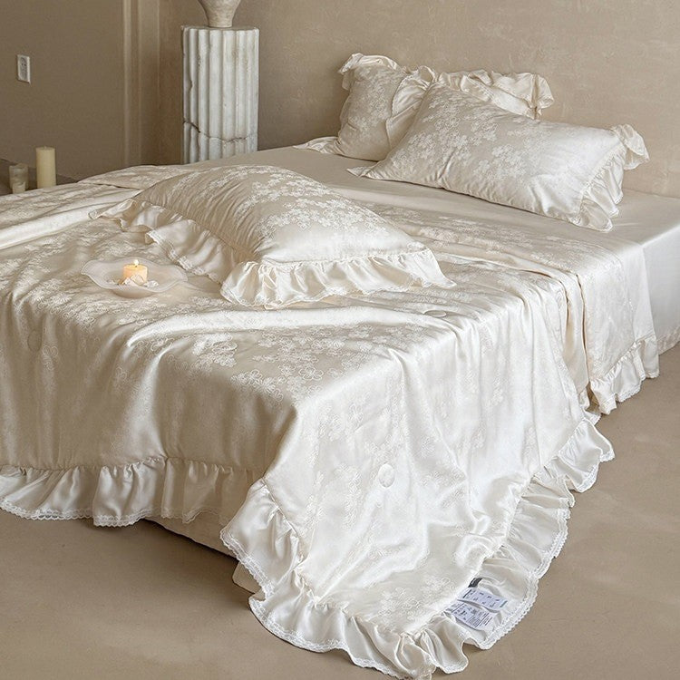 Luxury satin bedding set with floral jacquard pattern, ruffle, and silky finish