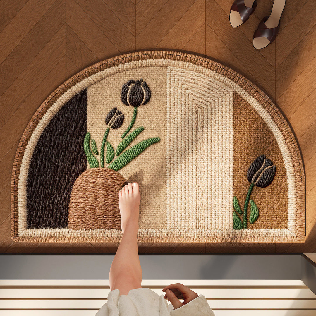 Half-Moon Embroidered Absorbent Non-Slip Entrance Doormat with Playful Cat & Coffee Motif