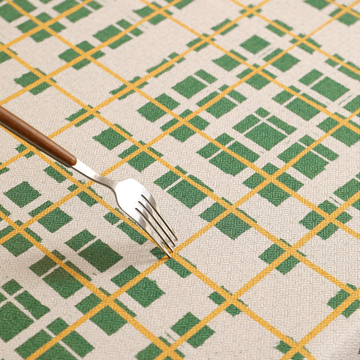Light cotton-linen tablecloth with checked grid pattern and easy-care surface
