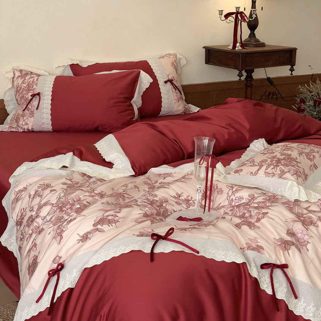 Romantic Cotton Bedding Set with Floral Embroidery, Lace Border and Decorative Ribbons