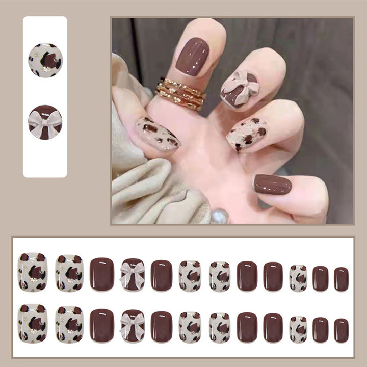 Decorative Press-On Nail Art Set with Bow and Leopard Patterns
