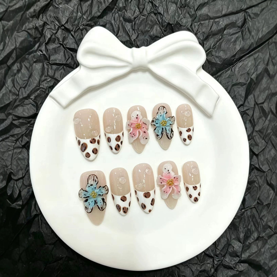 Artistic Press-On Nail Set with Floral and Animal Accents