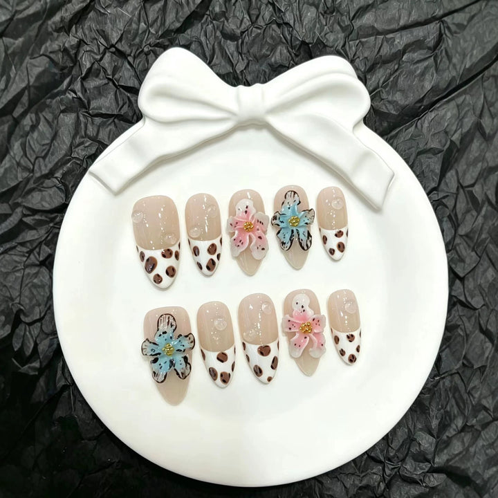 Artistic Press-On Nail Set with Floral and Animal Accents