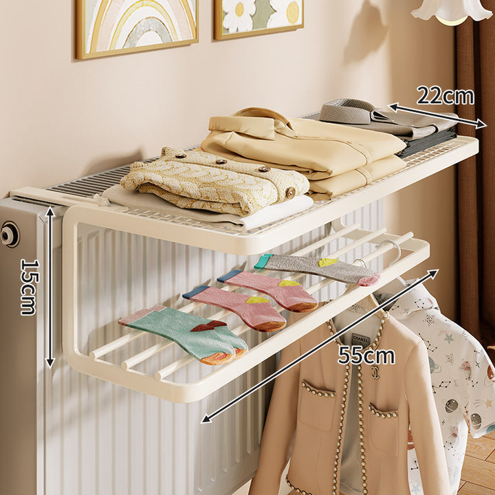 Radiator-Mounted Heated Drying Shelf with Foldable Hanging Bars