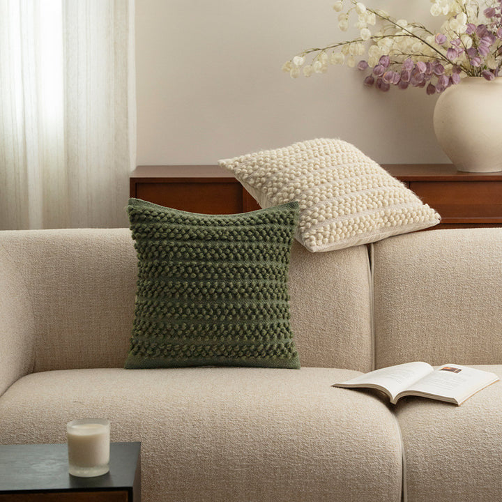 Square structure decorative cushion with handcrafted bobble tufting