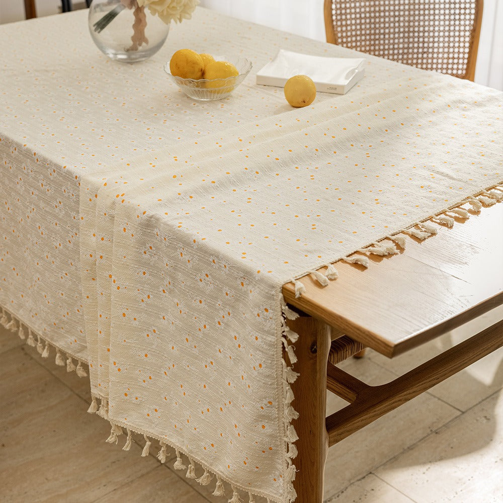 Rectangular Linen-Blend Tassel-Trim Dining Tablecloth with Scattered Dot Embroidery