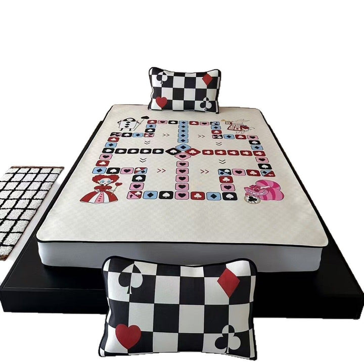 Children's mattress topper with panda print, measuring scale and two pillows non-slip washable