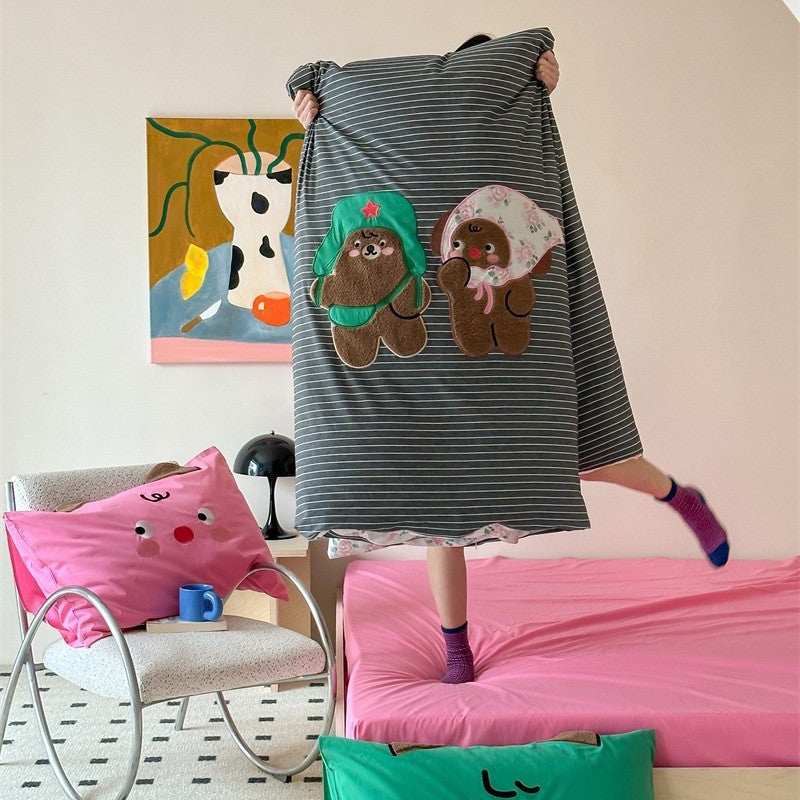 Bedding set made of cotton satin with embroidered bow motif & vichy ruffle