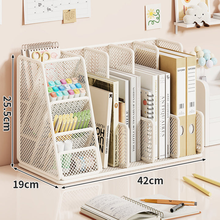Mesh Multi-Section Desktop File & Stationery Organizer with Angled Pen Tiers